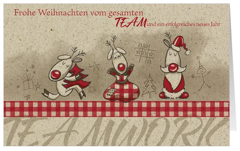 Heitere Firmenweihnachtskarte "Teamwork" mit Rentieren und Weihnachtsgruß auf nachhaltigem Graspapierkarton