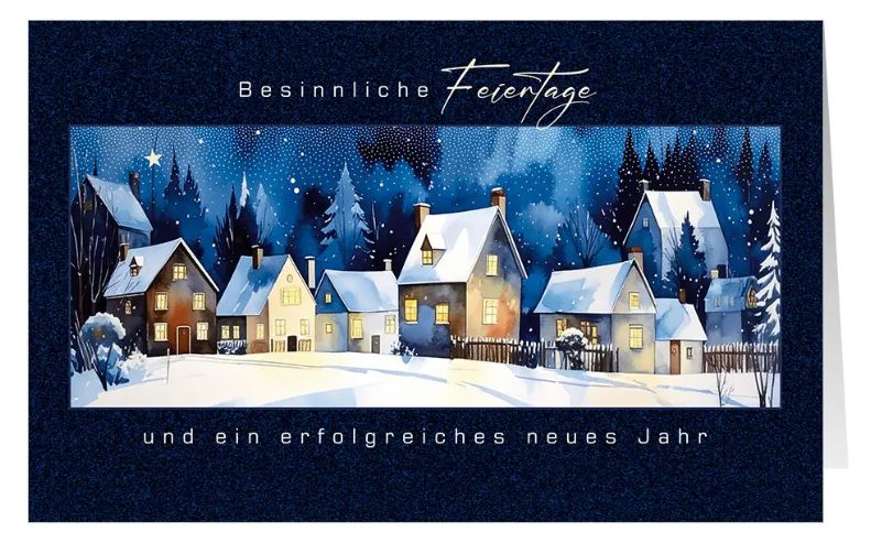 Spenden-Weihnachtskarte "Winterliches Dorf" für Firmen mit Häusern im Schnee und Gutem Zweck: Ärzte ohne Grenzen