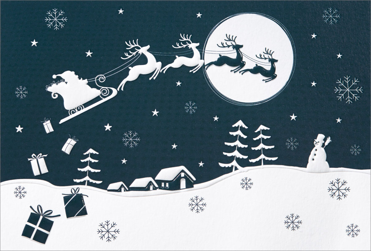 Weihnachtskarte weiß blau Winterlandschaft Dorf Rentierschlitten Mond