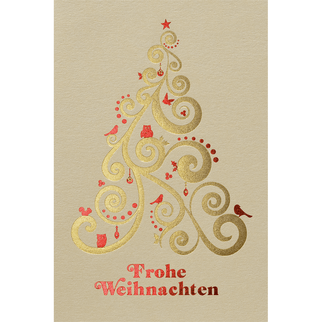 Goldene Weihnachtskarte zum günstigen Vorteilspreis mit Baum und Gruß in gold und rot