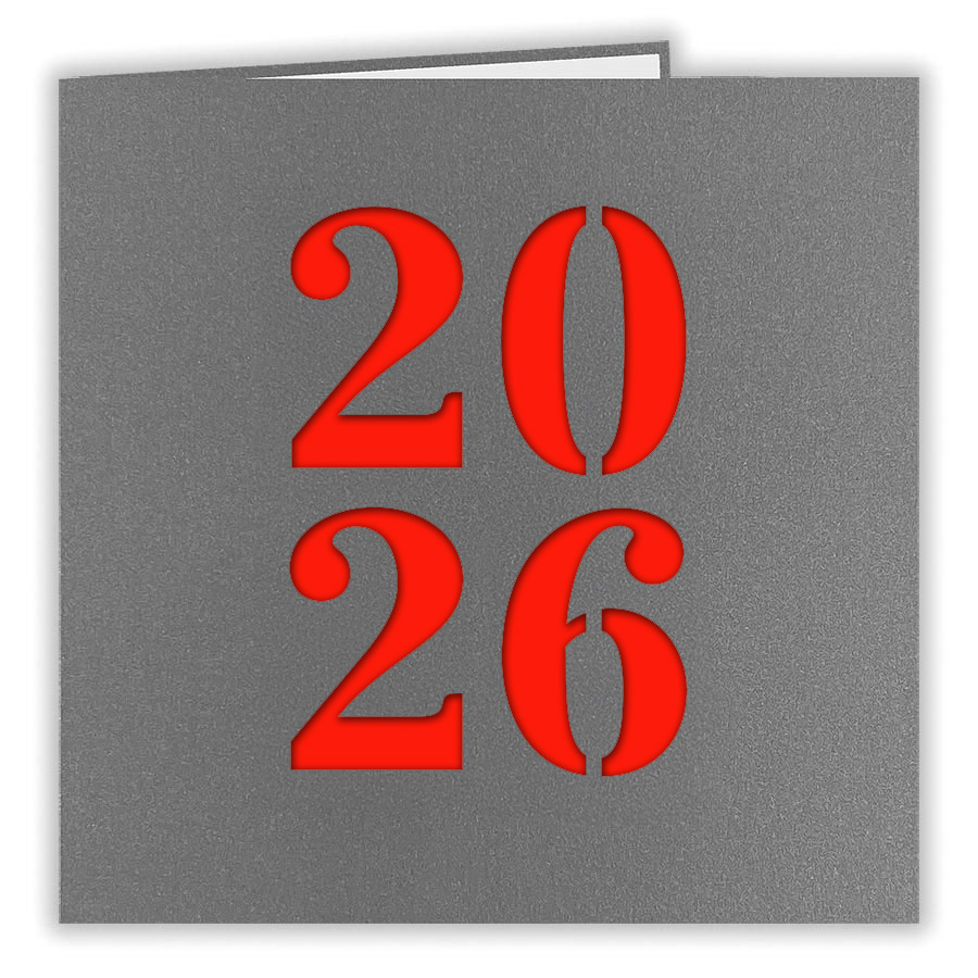 Graue Metallic-Neujahrskarte mit Laserstanzung 2026 und rotem Einlegeblatt