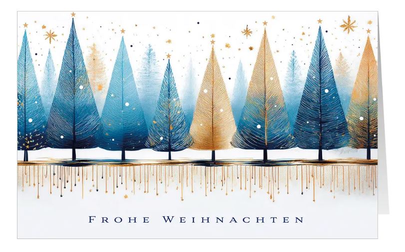 Weihnachtsgrußkarte "Bäume und Sterne" mit Weihnachtsgruß, blauen und goldähnlichen Tannen und vielen kleinen Sternen