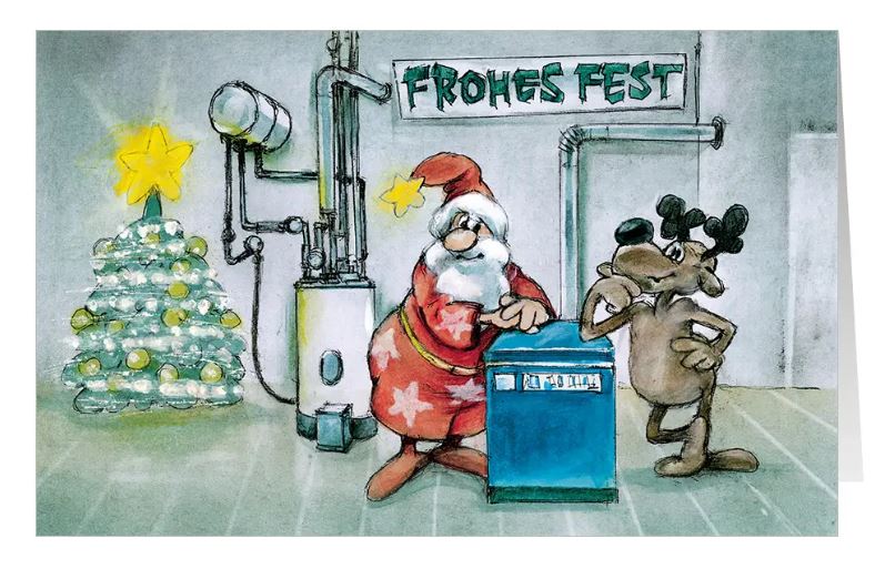 Lustige Weihnachtskarte "Frohes Heizen" für Heizungsbau, Heizungstechnik, Energieberater, Klimatechnik, Installation
