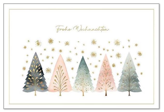 Weiße Weihnachtskarte "Zarte Feststimmung" mit Tannen in Pastellfarben und Goldfolienprägung, inkl. Einlegeblatt