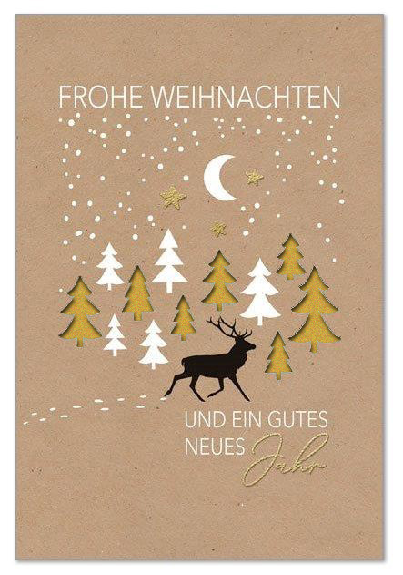 Weihnachtskarte in Kraftpapier-Optik mit Formstanzung Tannenbäume, Goldfoliendruck und Einleger in Gold