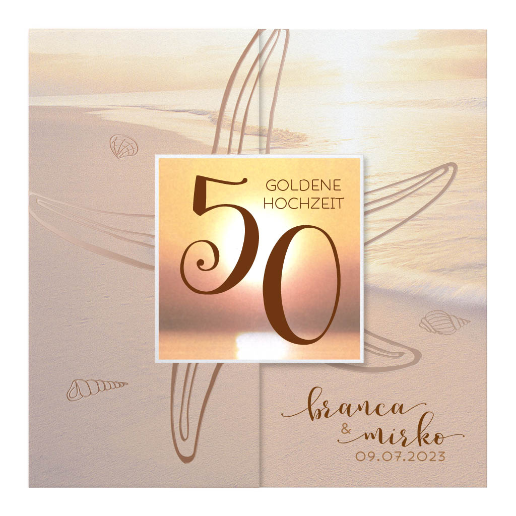 einladungskarte-goldene-hochzeit-maritim-seestern-muscheln-strand-meer-romantisch-689031 Maritime Einladungskarte mit Seestern, Muschel und Meer zum Geburtstag oder Ehejubiläum