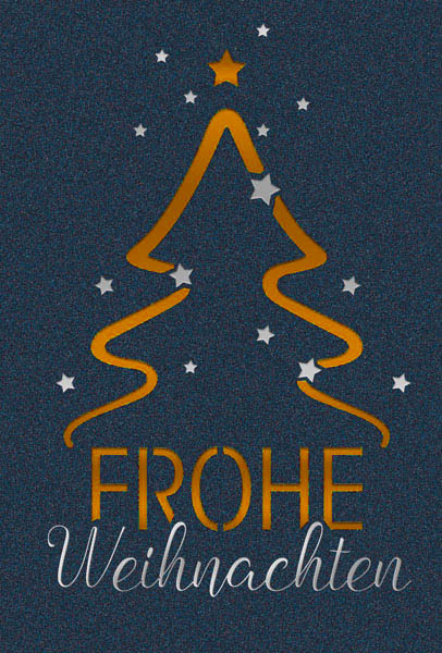 Dunkelblaue Weihnachtskarte mit Stanzung und orangenem Falteinlegeblatt inkl. Gruß