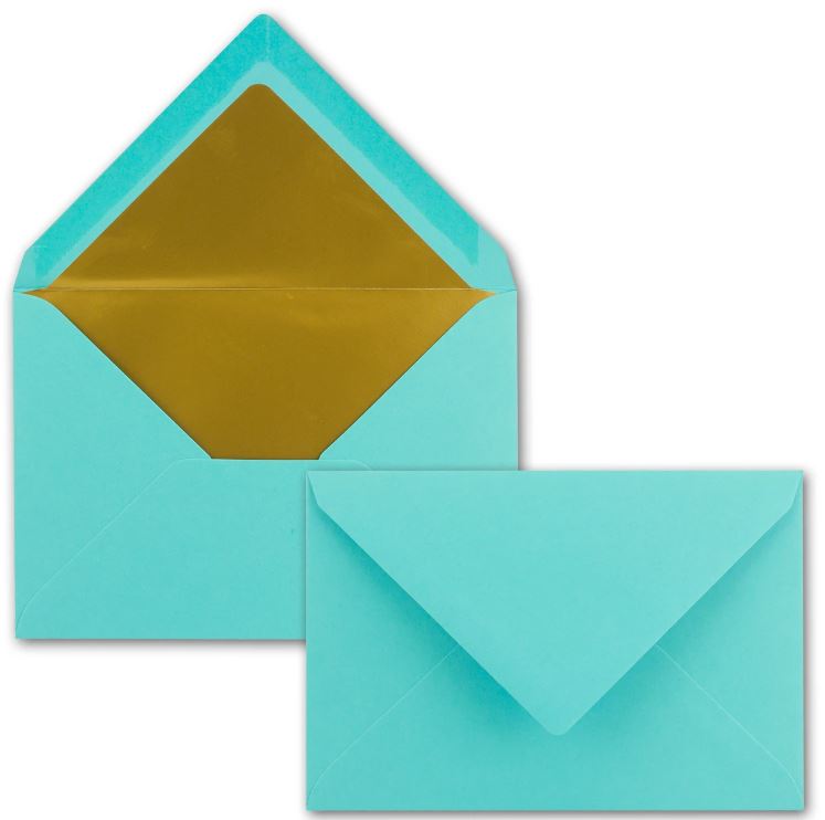 Briefumschlag DIN C6, 16,2 x 11,4 cm, nassklebend, 120g, türkis mit goldenem Innenfutter