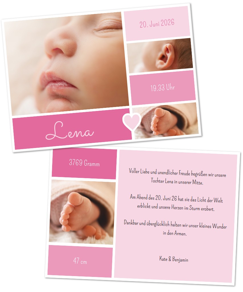 Personalisierbare Geburt-Anzeigekarte mit eigenen Fotos individuell zu gestalten. Beispiel in Farbschema rosa - pink