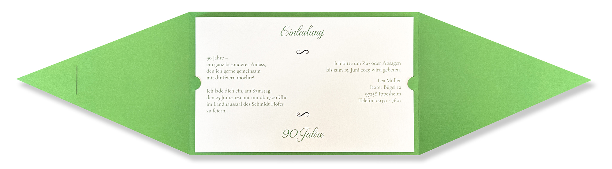 Einladungskarte im festlichen Design zum 90. Geburtstag in creme/grün metallic mit Ornamenten