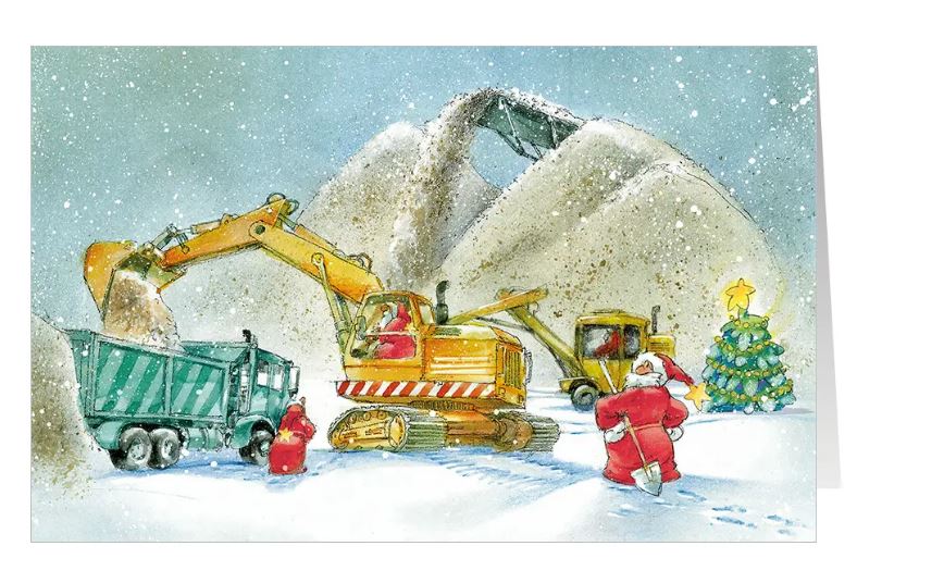 Lustige Weihnachtskarte "Bagger-Bescherung" für Sand- und Kieswerk, Baustoffhandel, Bauunternehmen