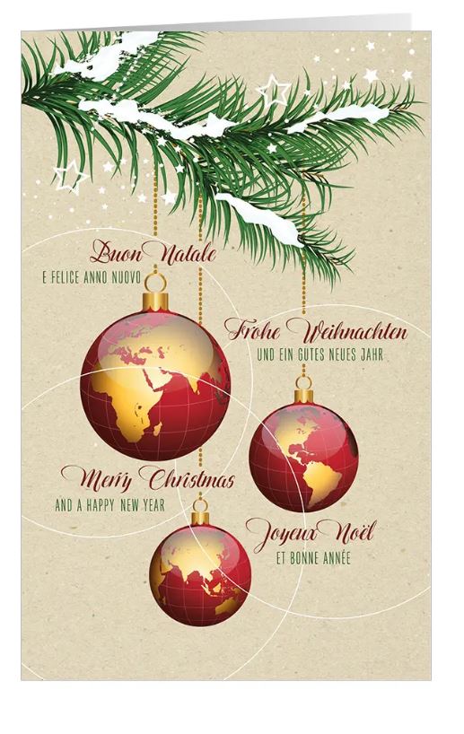Mehrsprachige Weihnachtsgrußkarte "Weltweite Weihnacht" mit hängenden Kugeln als Weltkugeln 