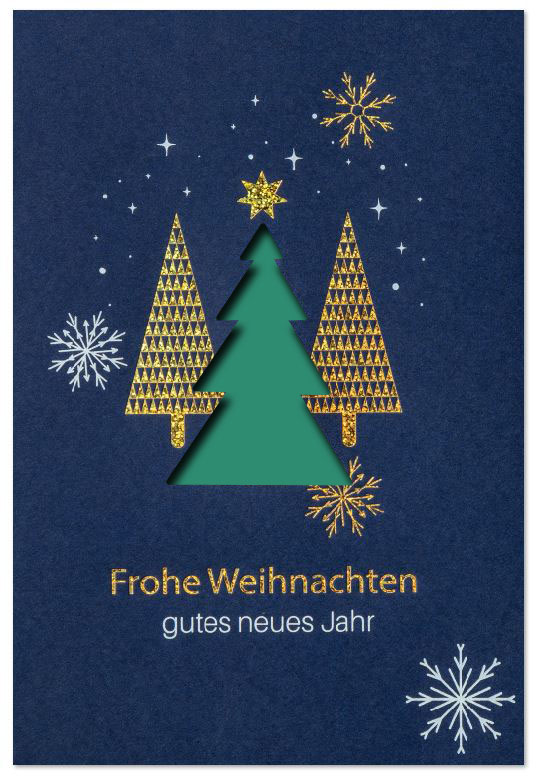 Stanz-Weihnachtskarte blau mit Weiß- und Goldfolienprägung, Motiv: Weihnachtsbäume, Eiskristalle und Gruß, Einleger dunkelgrün