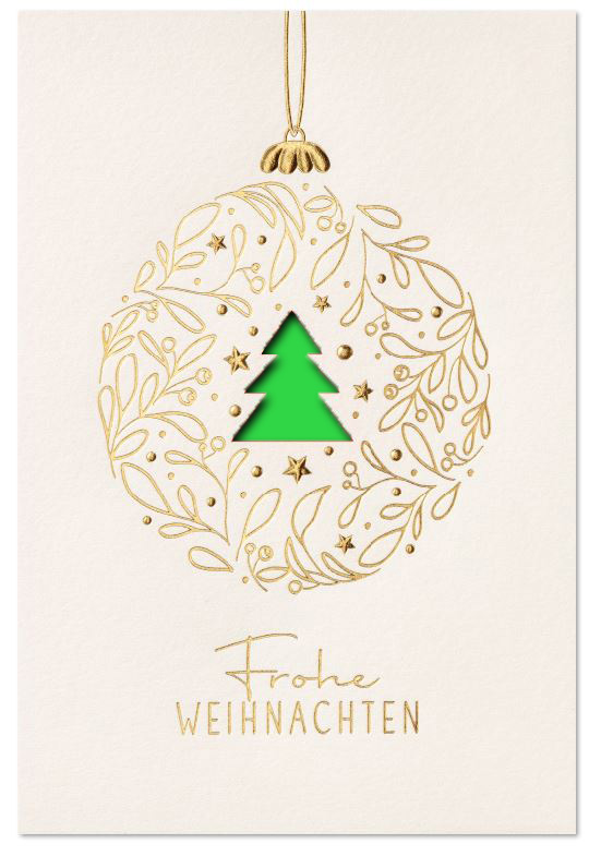 Weiße Weihnachtskarte mit Laserstanzung Baum und Goldfolienprägung von Kugel und Weihnachtsgruß, Einleger hellgruen