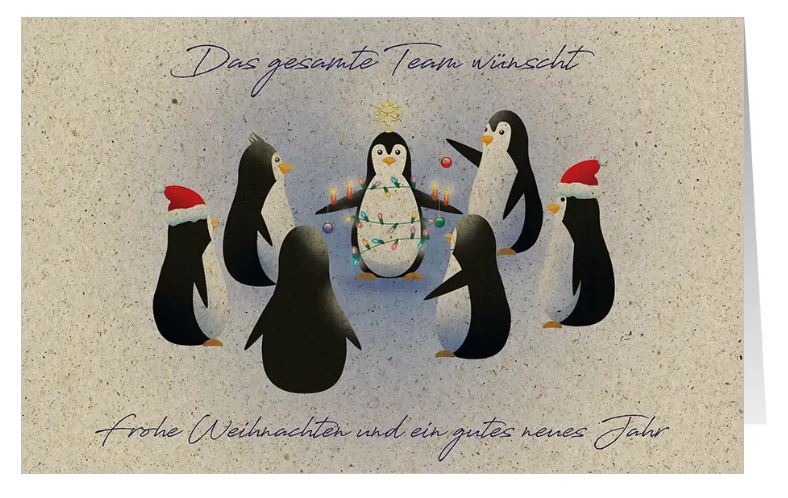 Naturbraune Weihnachtskarte aus Graspapierkarton "Pinguinglück" mit geschäftlichen Weihnachtsgrüßen von Team