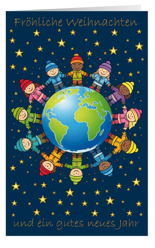 Farbenfrohe Spenden-Weihnachtskarte "Weltoffene Weihnacht" mit Weltkugel und fröhlichen Kinder für Ärzte ohne Grenzen