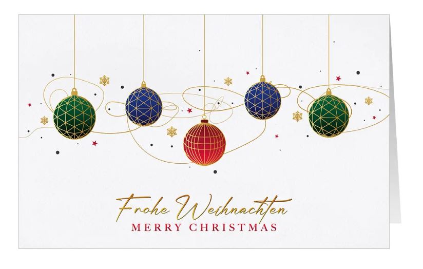 Moderne Weihnachtskarte in weiß "Design Kugeln" mit deutsch-englischem Weihnachtsgruß und bunten Weihnachtskugeln