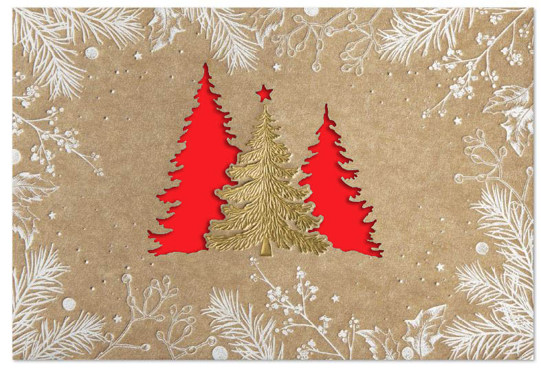 Naturbraune Weihnachtskarte mit floralem Druck, Goldprägung und Stanzung, Einleger rot