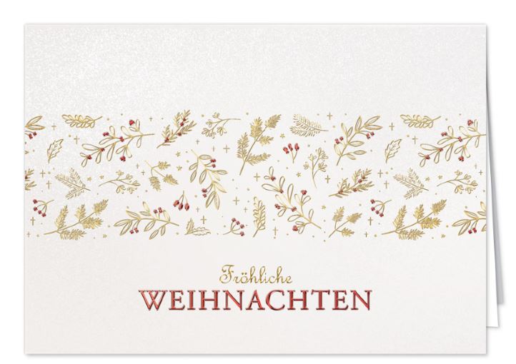 Weiße Weihnachtskarte mit floraler Bordüre und "Fröhliche Weihnachten" im glanzvollem Foliendruck in Gold und Rot