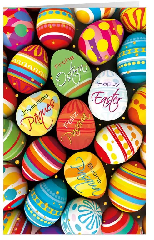 Internationale Osterglückwunschkarte "Farbenrausch" mit bunt verzierten Ostereiern und Ostergruß in mehreren Sprachen