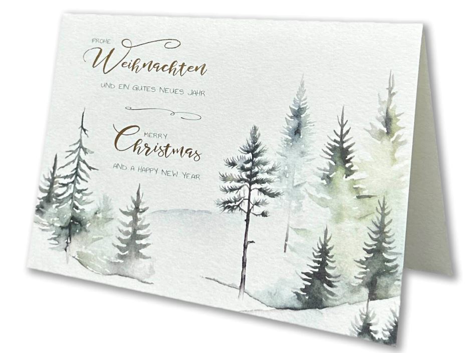 Aquarell-Weihnachtskarte mit verschneitem Tannenwald und deutsch-englischem Weihnachtsgruß