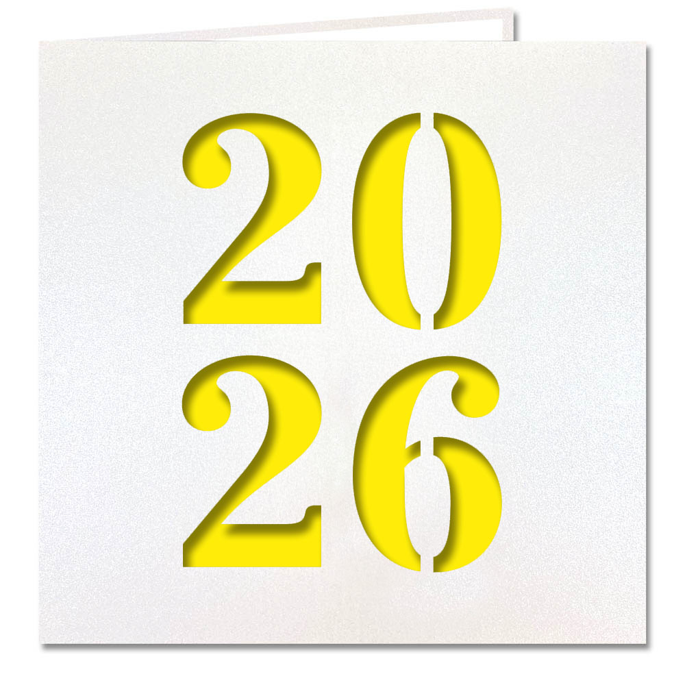 Neujahrskarte weiß mit gestanzter Jahreszahl 2026 und gelbem Einlegeblatt