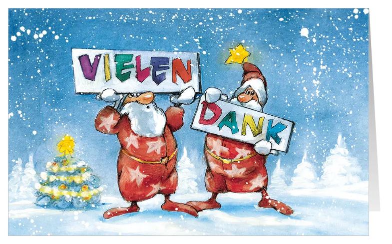 Weihnachtliche Dankkarte "Wertvolle Partnerschaft" mit zwei Weihnachtsmännern und den Worten VIELEN DANK