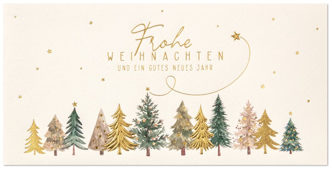 Weihnachtskarte mit Tannenwald, Sternen und Gruß "Frohe Weihnachten und ein gutes neues Jahr", DIN lang
