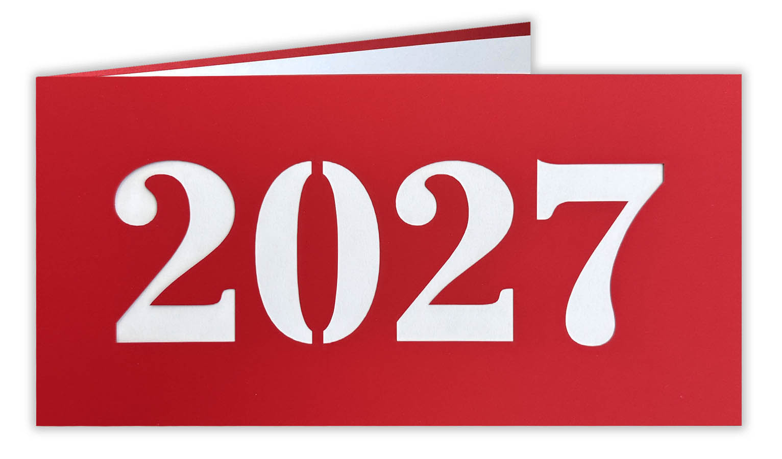Rote Neujahrskarte aus Design-Karton mit Laserstanzung 2027 und weissem Einlegeblatt