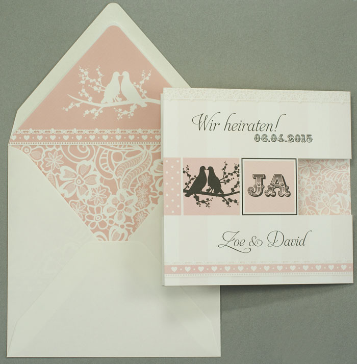Hochzeitskarte weiß rosa Herzen Tauben quadratisch ba723044