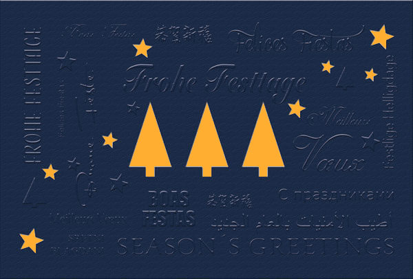 Weihnachtskarte mit Sternen und Weihnachtsbäumen und orangefarbenem Einleger