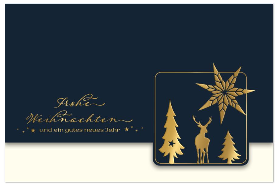 Exklusive Weihnachtskarte in Nachtblau "Fest der Freude" mit Goldfolienprägung und Formstanzung, inkl. Einlegeblatt