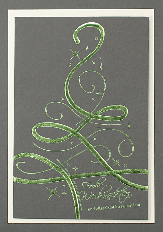 Weihnachtskarte grau mit grüner Folienprägung abstrakter Baum