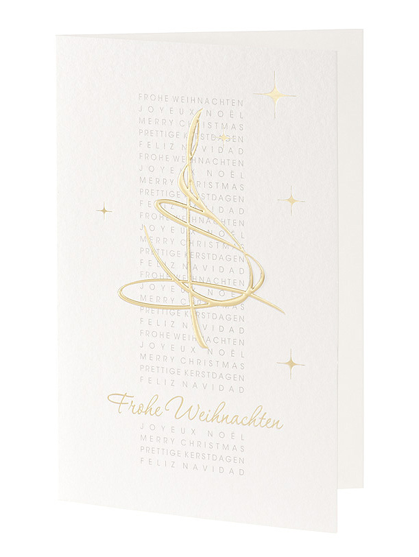 Weihnachtskarte weiß mit abstraktem Weihnachtsbaum mit Goldfolie