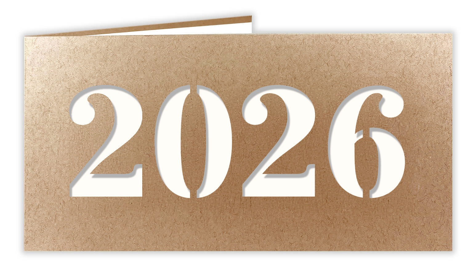 Neujahrskarte aus Recycling-Kraftkarton mit Laserstanzung 2026 und cremefarbenem Einlegeblatt