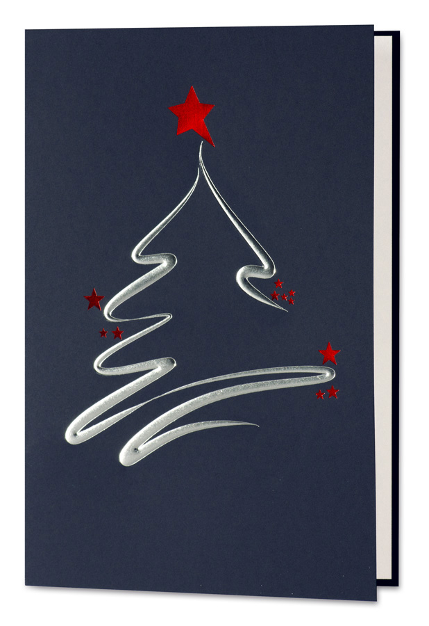 Weihnachtskarte nachtblau mit Weihnachtsbaum und Sternen