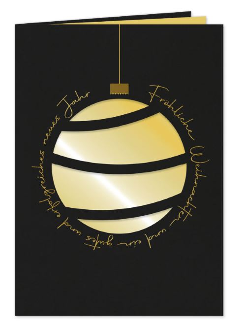 Exklusive Firmenweihnachtskarte „Moderne Stanzkugel“ in schwarz mit Goldprägung, Stanzung und goldenem Einlegeblatt