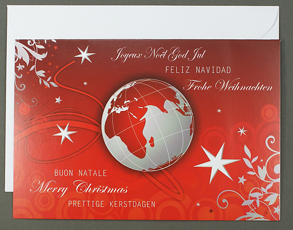 Weihnachtskarte rot mit interantionalen Weihnachtswünschen