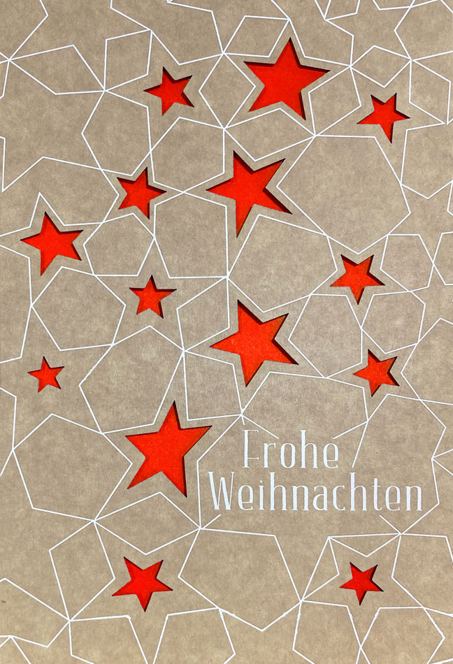 Naturbraune Weihnachtskarte mit Sternstanzung und rotem Falteinleger inkl. Gruß