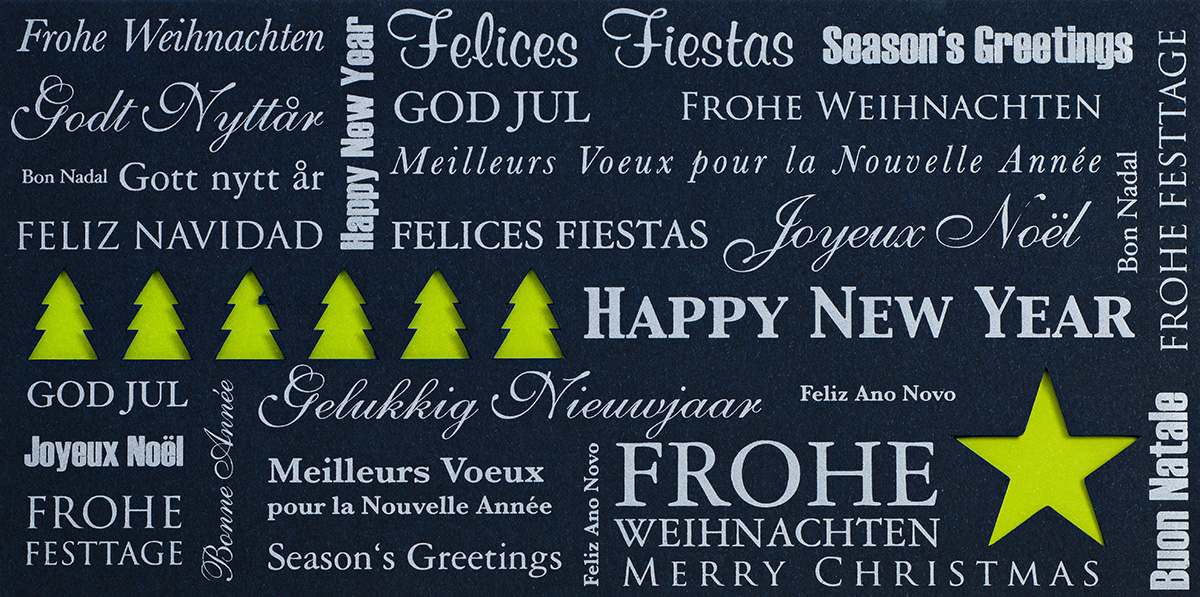 Weihnachtskarte nachtblau mit internationalem Text Einleger grün