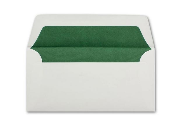 Briefumschlag DIN lang 22x11cm in weiß mit dunkelgrünem Seidenfutter, nassklebend