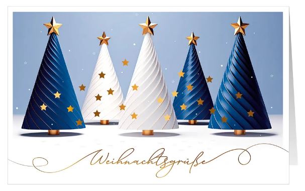 Eisblaue Weihnachtsspendenkarte "Christmas Feeling" mit Weihnachtsbäumen und Sternen zugunsten Ärzte ohne Grenzen