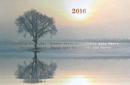 Neujahrskarte mit Winterlandschaft und aufgehender Sonne 2016