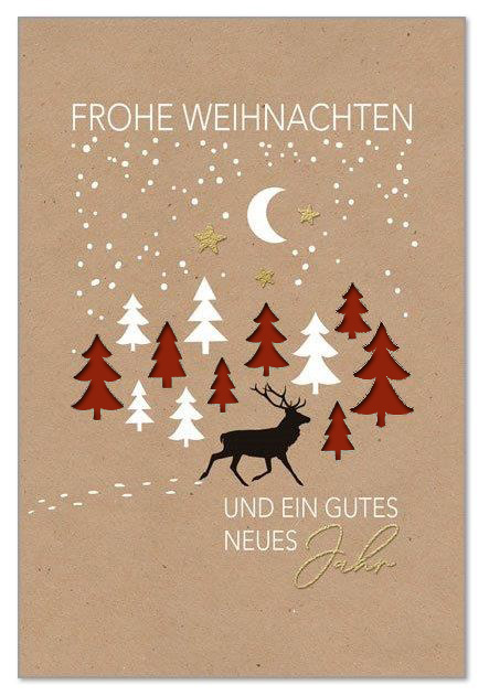Weihnachtskarte in Kraftpapier-Optik mit Formstanzung Tannenbäume, Goldfoliendruck und Einleger in Dunkelrot