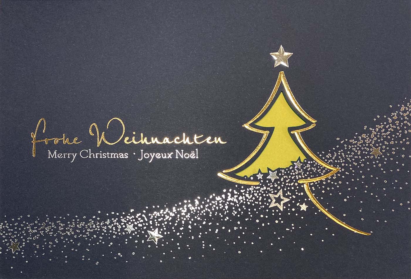 Blaue Weihnachtskarte mit internationalen Weihnachtsgrüßen und gelbem Einlegeblatt