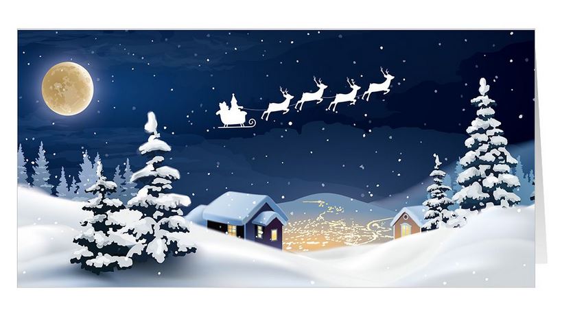 Märchenhafte Weihnachtskarte mit dem Weihnachtsmann im Schlitten und Winterlandschaft | Ohne Gestaltung bestellen