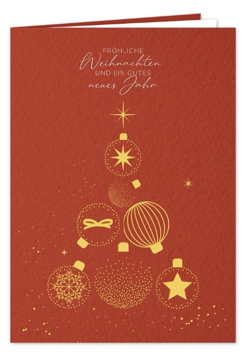 Rote Festtagskarte  „Kugel-Tannenbaum“ mit Gold- und Silberprägung, inkl. Einlegeblatt innen