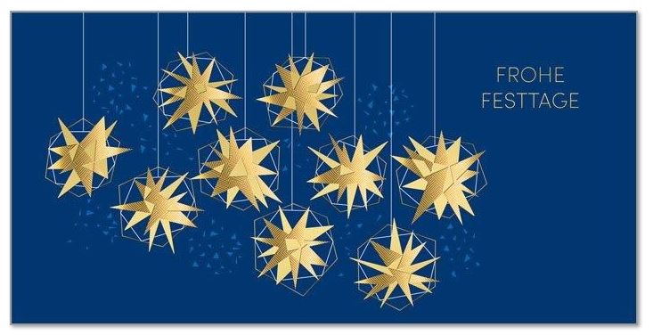 Nachtblaue Festtagskarte "Sternenregen in Gold" mit Gruß "Frohe Festtage" und goldenen Sternen DIN lang