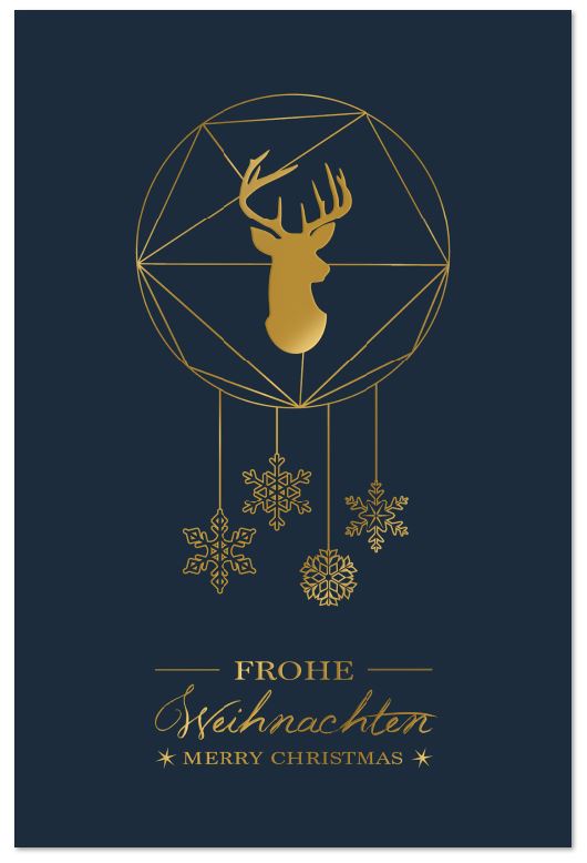 Eleganter Weihnachtsgruß "Hirschmobile" in Blau mit deutsch-englischem Weihnachtsgruß in Goldprägung, inkl. Einlegeblatt