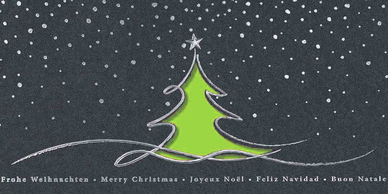 Internationale Weihnachtskarte mit Stanzung in anthrazit mit hellgrünem Falteinlegeblatt